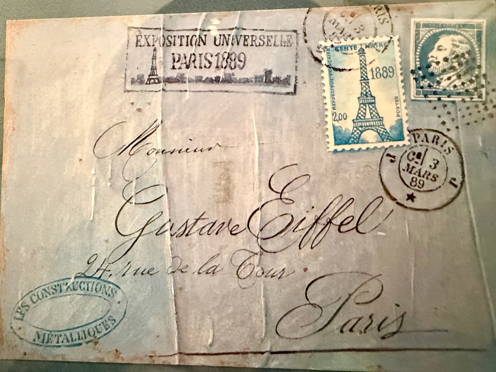 An 1889 envelope from the Exposition Universelle addressed to Gustave Eiffel