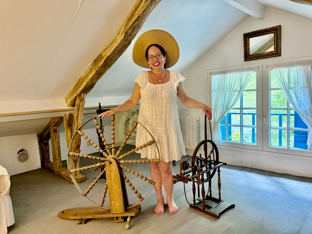 Sleeping Beauty bedroom with two antique spinning wheels