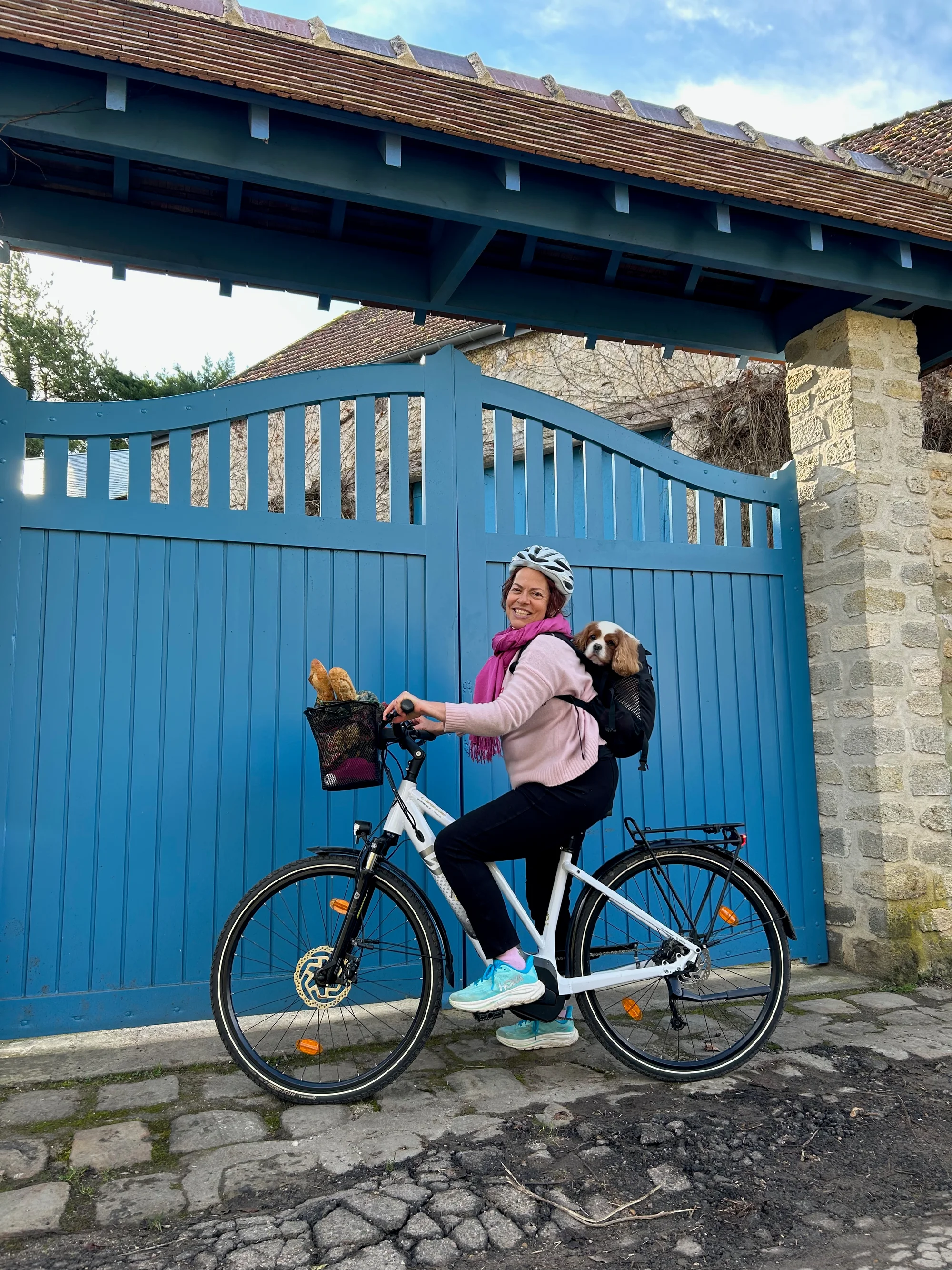 Front gate at Le Moulin with vintage bicycle and baguette