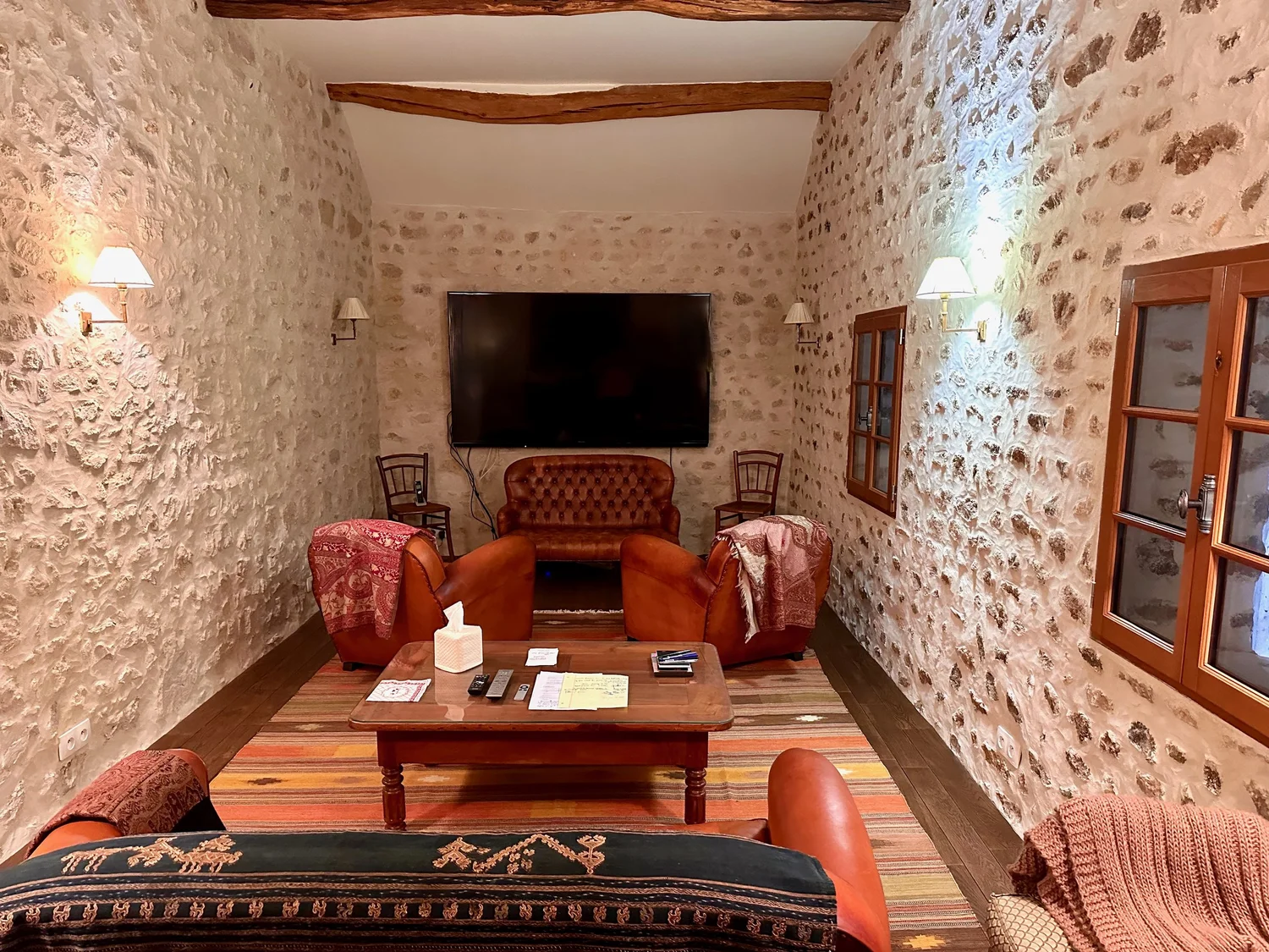 Corporate retreat screening room at Moulin à Rêves near Fontainebleau, France