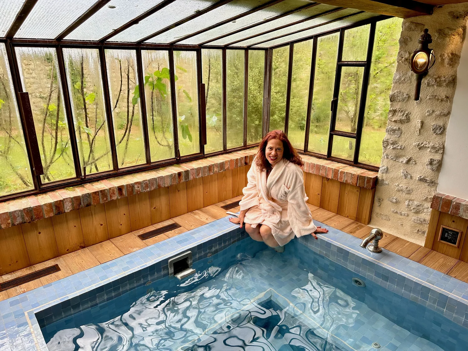 Yoga retreat by the indoor pool at Moulin à Rêves countryside compound